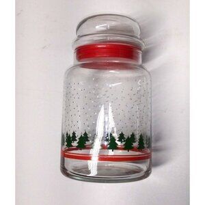 Vintage Libbey Holiday Jar Canister Glass 7"x4" Winterland Christmas trees snow